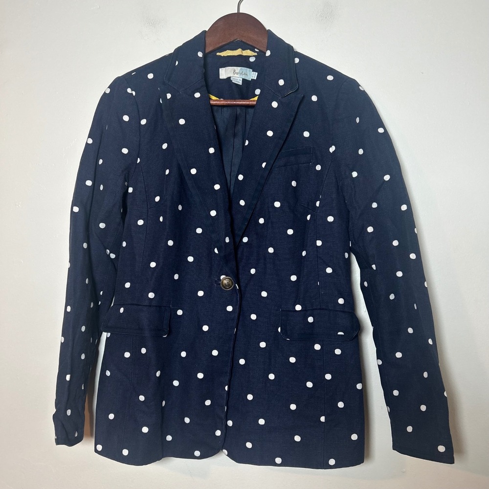 EUC Boden Blazer Women 6 Navy Blue‎ White Polka Dot Cotton Single Button